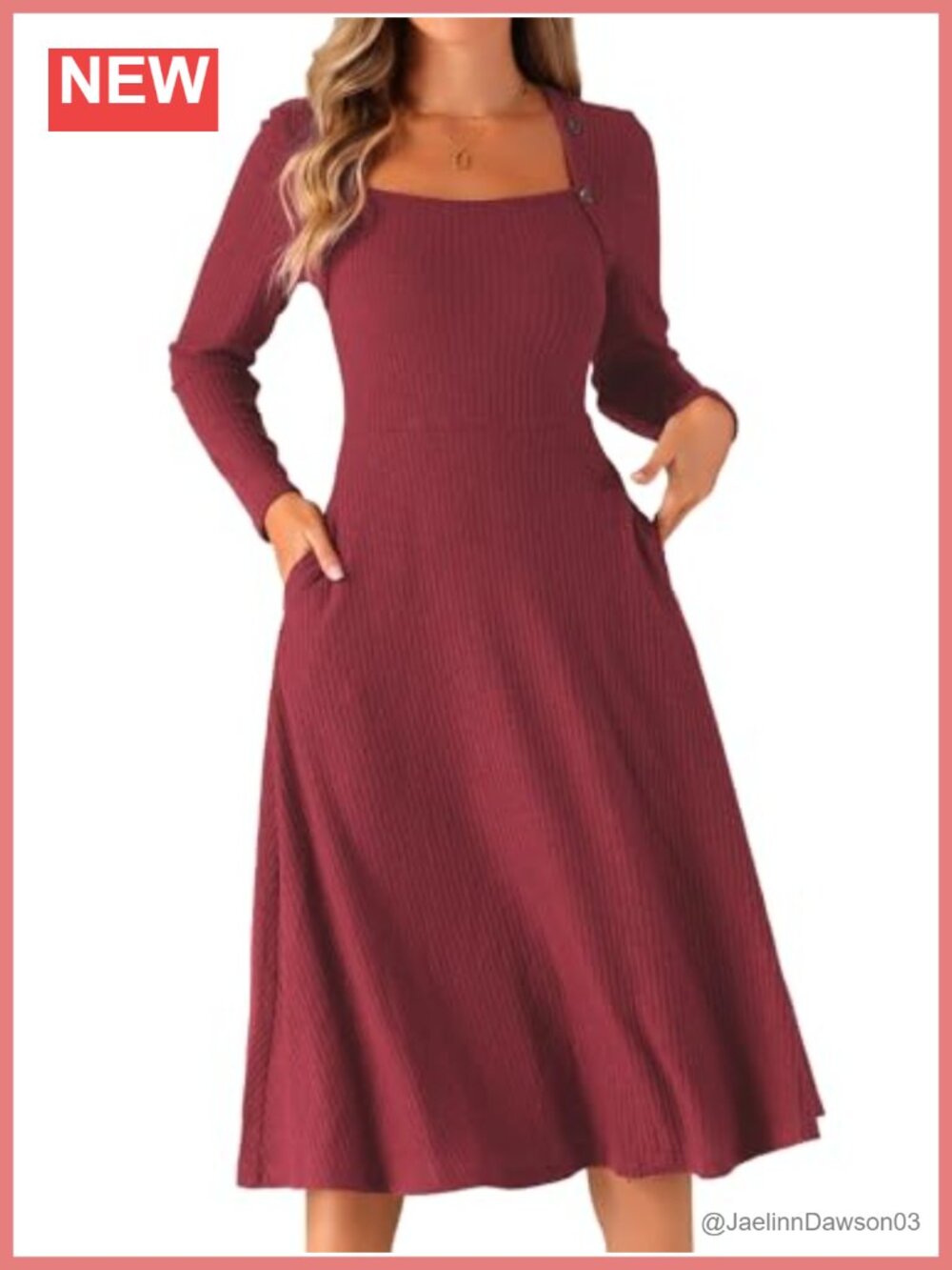 Women's Casual Knit Square Neck Long Sleeve Dress with Pockets Midi